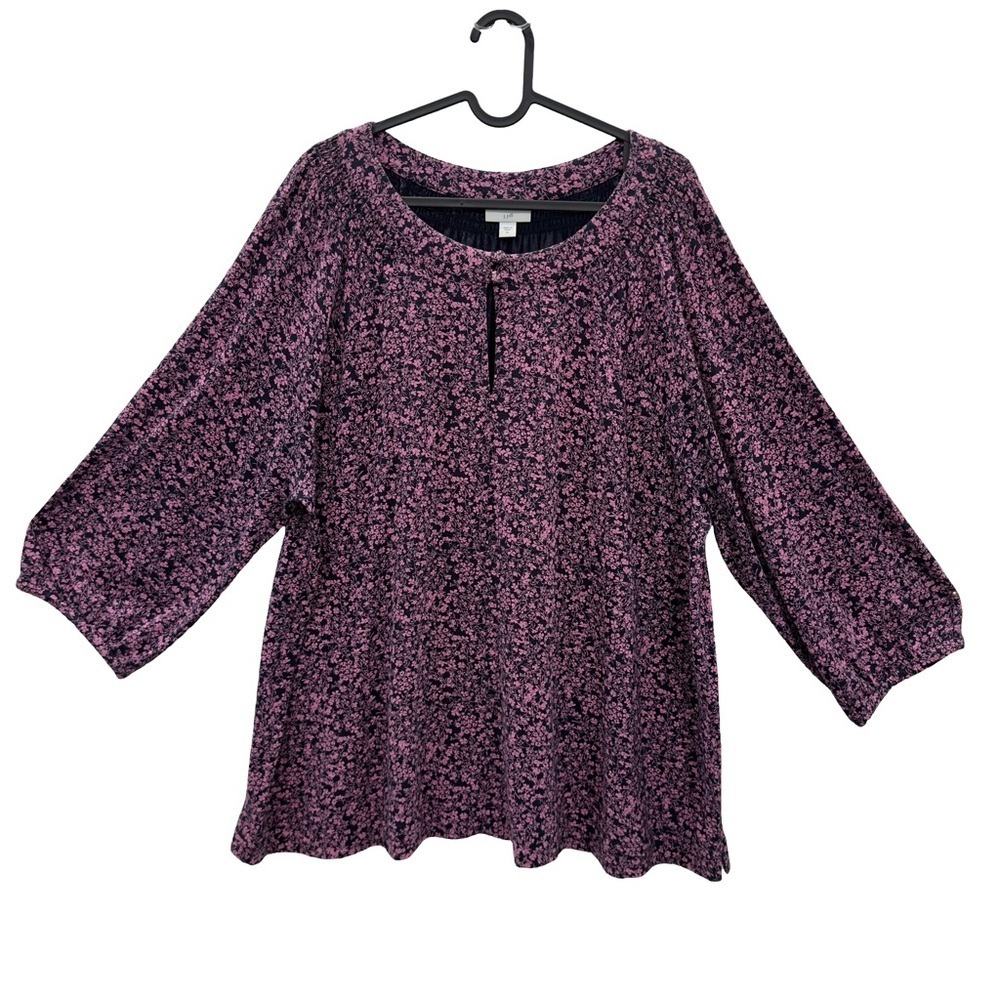 J. Jill Blouse Size XL Pink Navy Floral 3/4 Stretch Sleeve Smocked Keyhole